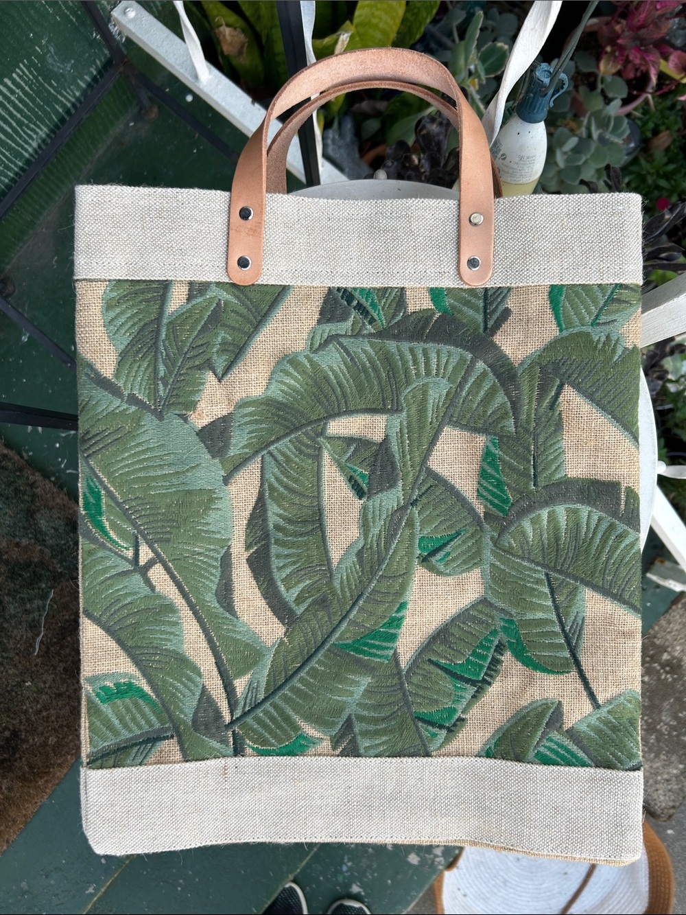 Apolis embroidered Green Tropical Leaf Tote Bag